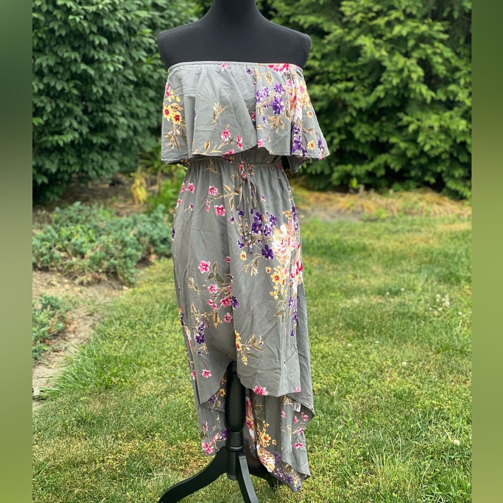 Strapless Floral Grey Dress w/ Flutter top and open back